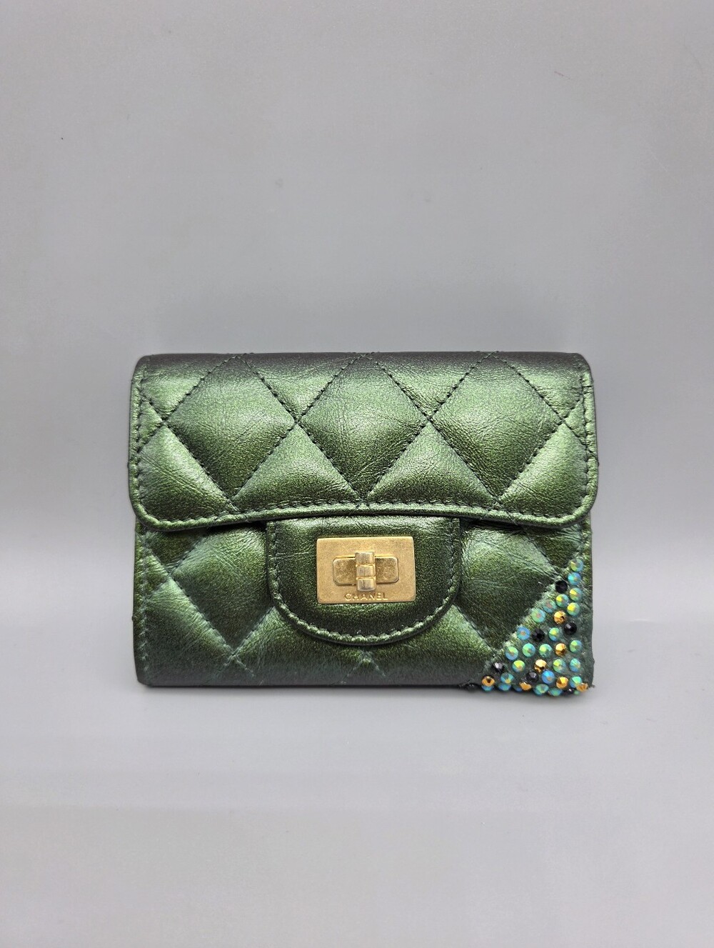 💚CHANEL Authentic Green Iridescent Lambskin Quilted Double Flap Wallet💚
